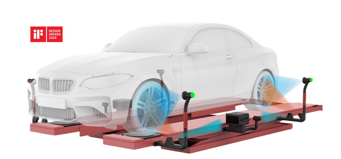 Product image of the Wireless Touchless Wheel Aligner with the DESIGN AWARD 2024 label next to it.